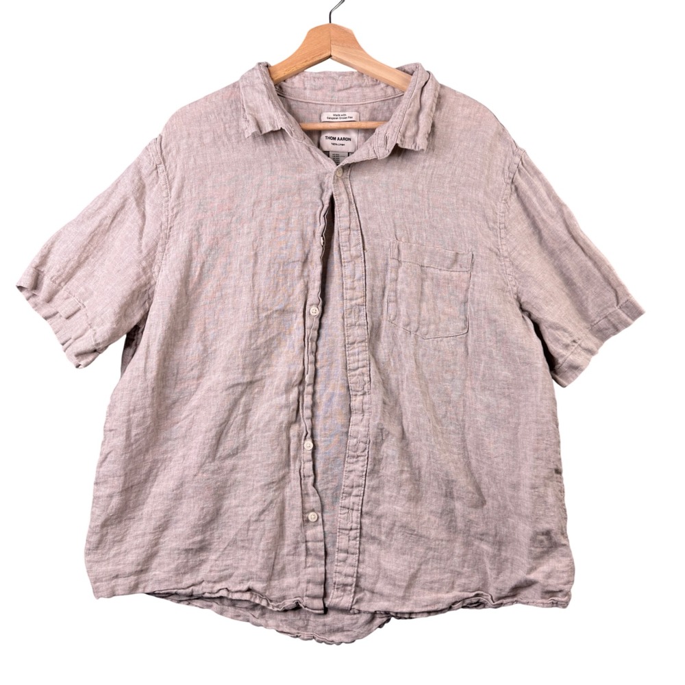 Thom Aaron Mens XXL Tan 100% Linen Short Sleeve Button Down Shirt European Flax